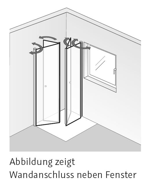 Duschtrennwand HSK Drehtuer mit Wandanschluss neben Fenster geschlossen